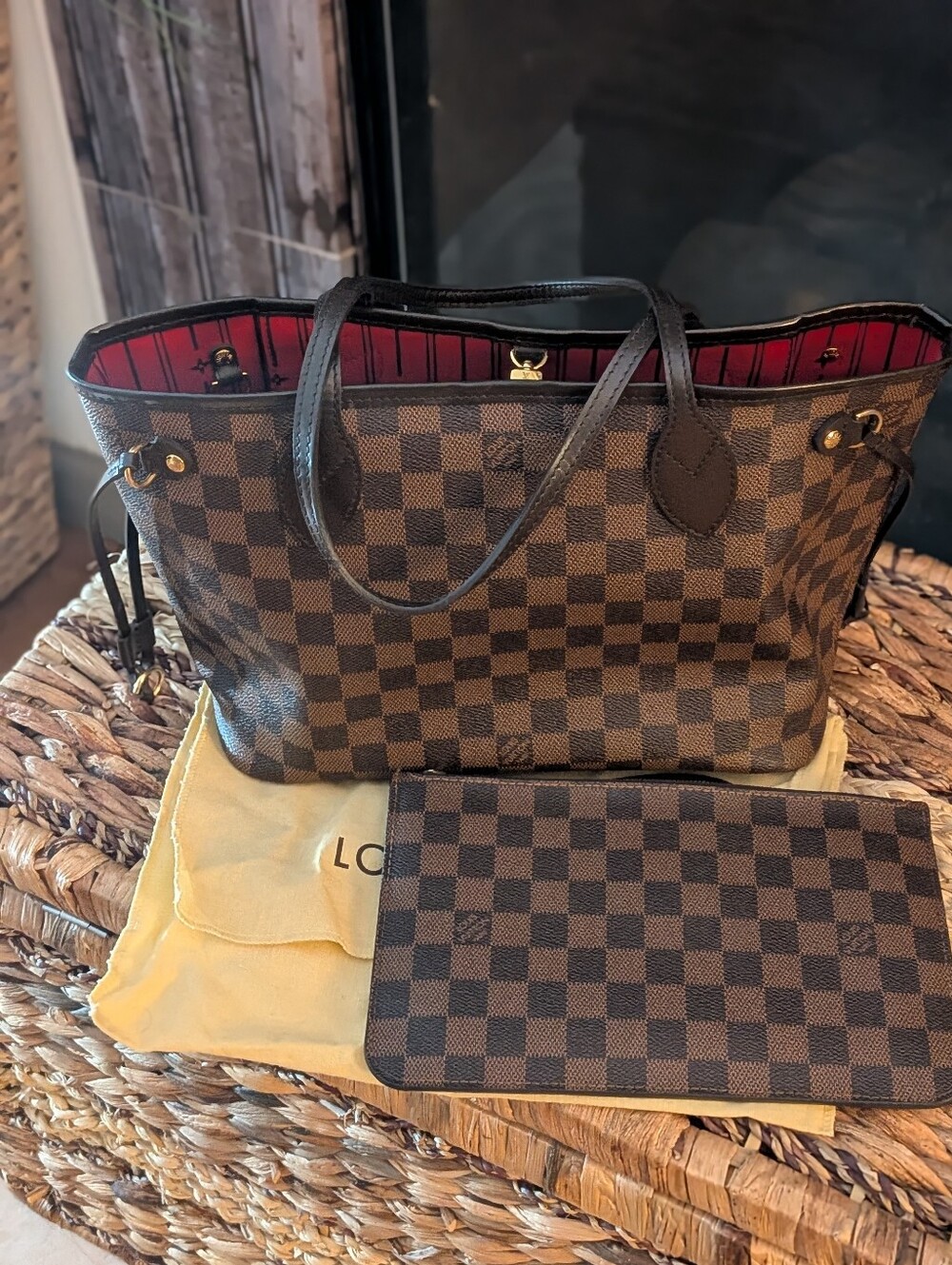 Louis Vuitton Brown Damier Ebene Tote with Red Interior